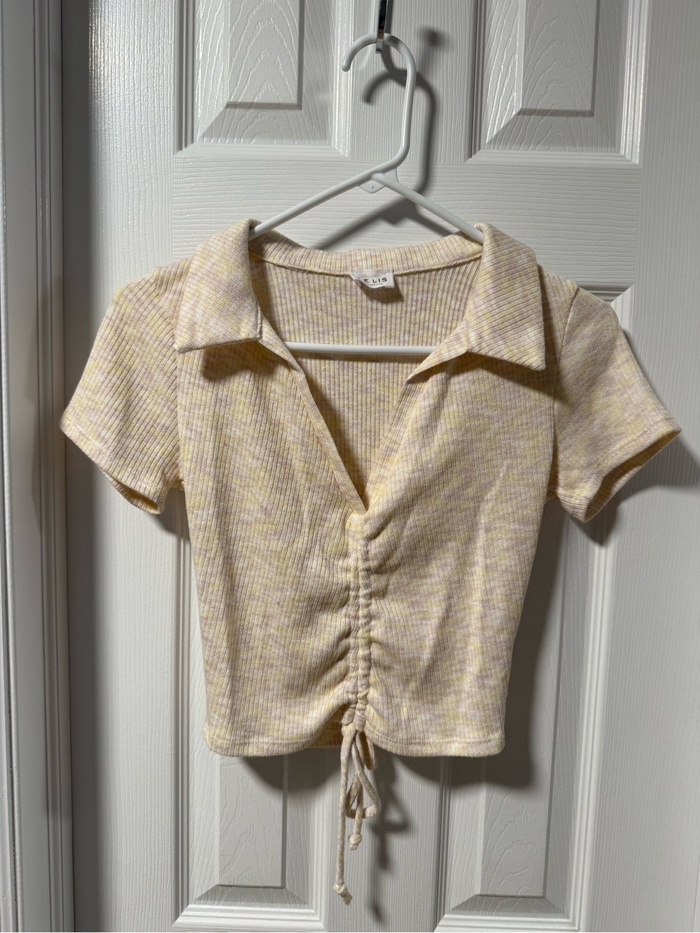 Collared Drawstring Ribbed Crop Top - Cream